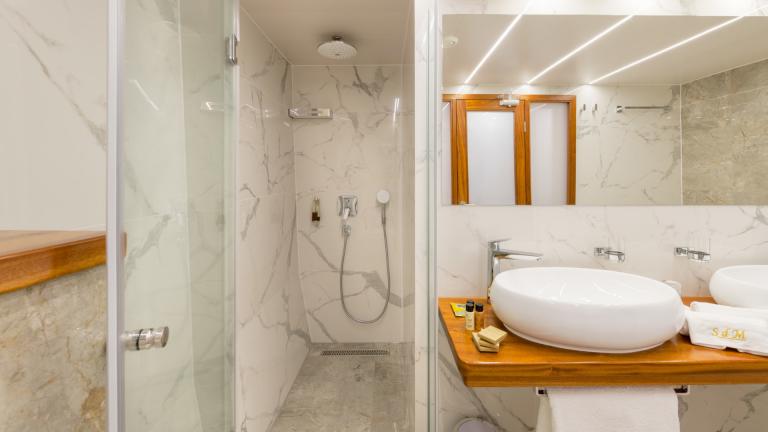 Ein Badezimmer mit Regendusche, Designer Waschbecken und einen grossen Spiegel an der Wand.